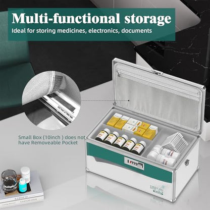 Glosen Medicine Lock Box with Code, 2-Layer Aluminum Alloy Medicine Organizer Box with Removable Tray, Portable Medication Lock Box with Shoulder Strap for Home Safety, Travel & Office (16x9.25x7.5In) - size: Extra Large-16in