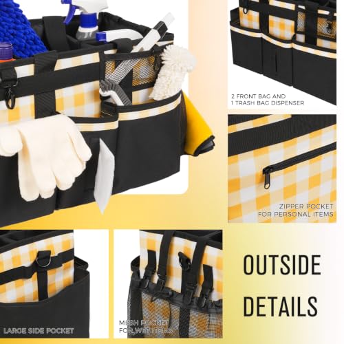 SCAVATA Wearable Cleaning Caddy, Cleaning Caddy Supplies Organizer with Handle & Shoulder Straps for Housekeepers, Under Sink & Car Cleaning Tool Organizers Bag with 4 Foldable Divider (YellowPlaid) - color: YellowPlaid