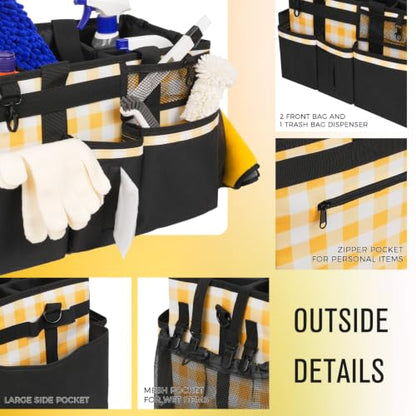 SCAVATA Wearable Cleaning Caddy, Cleaning Caddy Supplies Organizer with Handle & Shoulder Straps for Housekeepers, Under Sink & Car Cleaning Tool Organizers Bag with 4 Foldable Divider (YellowPlaid) - color: YellowPlaid