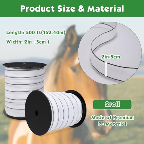 2 Pcs Electric Fence Tape Polytape, 500 Feet X 2 Inch,White - color: White