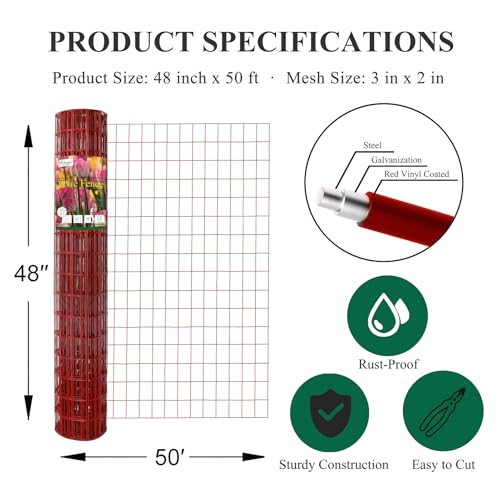 Red PVC Coated Welded Wire Fence 48" x 50' Roll, 2"x3" Mesh, 16 Gauge - color: Red, size: 2''x3'' 16GA 48''x50'
