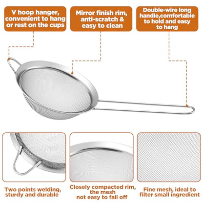 9 Packs 8.8 x 3.9 Inches Stainless Steel Fine Mesh Strainer Small Cocktail & Tea Strainer with Handle for Coffee, Juice, Powdered Sugar