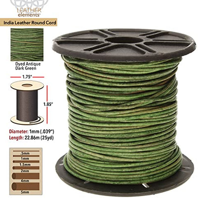 The Beadsmith Leather Cord –Dyed Antique Dark Green– 1mm Spool – 25 Yards/22.86 Meters – Indian Leather Thong Ideal for Braiding, Beading, Necklaces, Fine Lacing, Hair Accessories & DIY Jewelry Making - size: 1mm, style: Dyed Antique Dark Green – 25 Yards