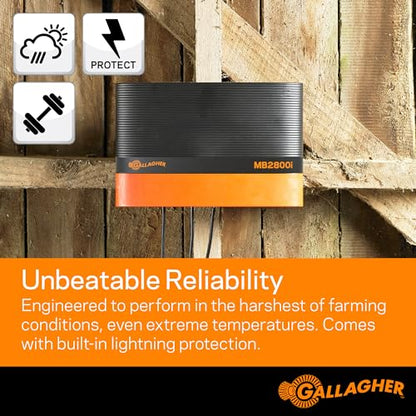Gallagher MBS2800i Multi Power Electric Fence Charger | 28.0 Joule 12v Battery, Solar, or 110v AC Energizer with External Control and Display Panel | Powers Up to 250 Miles / 1500 Acres