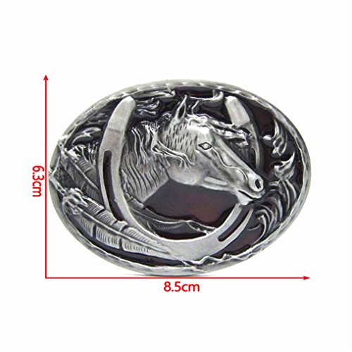 MASOP Engraved Animal Equestrian Horseshoe Horse Head Oval Cowboy Belt Buckle - color: Red