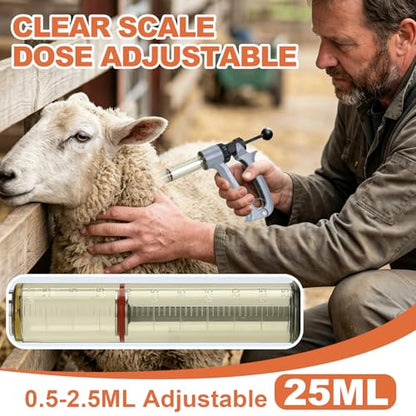 25ml Semi-Auto Repeating Livestock Syringe Gun, 5 Dose Settings - color: Silver Gray25ML-B