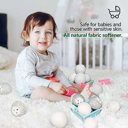 Wool Dryer Balls, XL Pack of 6, Reusable Natural Fabric Softener - Gray | Handmade, cruelty-free, 100% NZ wool, cuts drying time, anti-static, unscented, baby-safe, 1000+ loads,with storage bag