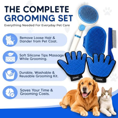 NVNAN 5-Piece Dog Grooming Brush Set with Grooming Gloves | Includes deshedding comb, shampoo brush, and pet hair removal tools for shedding, bathing, and brushing - color: Blue-4