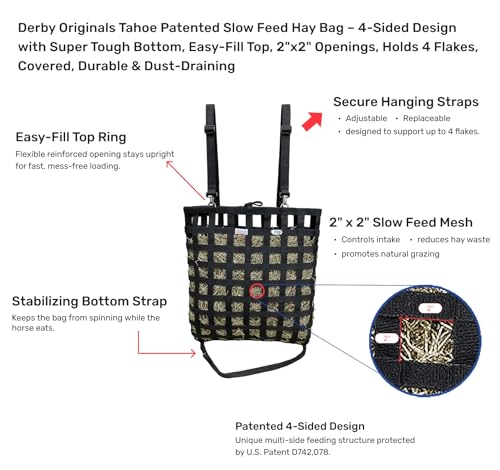 Tahoe Patented 4-Sided Slow Feed Hay Bag with Super Tough Bottom – 2"x2" Openings, Easy-Fill Plastic Ring Top, Holds 4 Flakes, Reinforced Nylon, Dust-Draining Design, 1-Year Warranty - color: Pink
