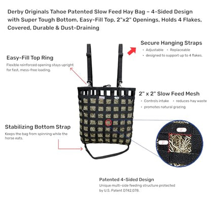 Tahoe Patented 4-Sided Slow Feed Hay Bag with Super Tough Bottom – 2"x2" Openings, Easy-Fill Plastic Ring Top, Holds 4 Flakes, Reinforced Nylon, Dust-Draining Design, 1-Year Warranty - color: Pink