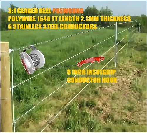 2 Pack 3:1 Geared Electric Fencing Standard Reel with 1969ft Premium Polywire 6 Conductors Plus 2 Free 8 inch Insulgrip - size: 6 conductors x 1969 feet x 2 standard reel