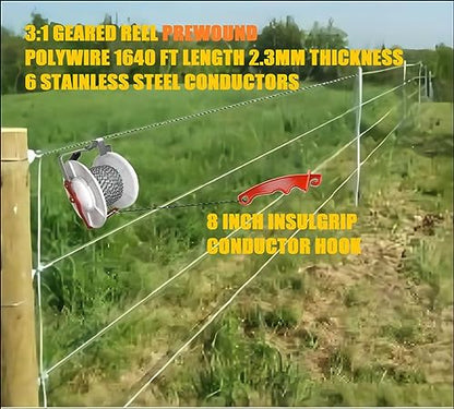 2 Pack 3:1 Geared Electric Fencing Standard Reel with 1969ft Premium Polywire 6 Conductors Plus 2 Free 8 inch Insulgrip - size: 6 conductors x 1969 feet x 2 standard reel