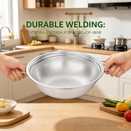 Stainless Steel Colander Set of 3, 18/8 Food Grade Steel Kitchen Strainers, 2, 3 & 5 Quart Metal Pasta Strainers with Welded Handles, Non-Slip Feet, 2.5mm Precision Holes, Dishwasher Safe - color: Stainless Steel