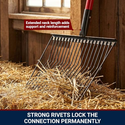 Bully Tools Stall Fork Tool - Heavy Duty 18-Spring Steel Tines Pitchfork with Long Fiberglass Handle, Ideal for Gardening, Farming, Bedding, Yard Cleaning and Transferring Hay - 100% Made in The USA