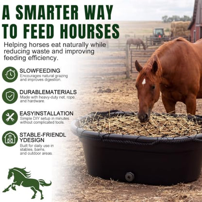 BreezeHug 30 Gallon Rubber Slow Hay Horse Feeder,Heavy Duty Hay Pan Net Set | Save Hay,Extra Large Feed Bucket with 8 Snaps, Horse Feeder with Drain Hole for Goat Farm Livestock Poultry,Reduce Waste
