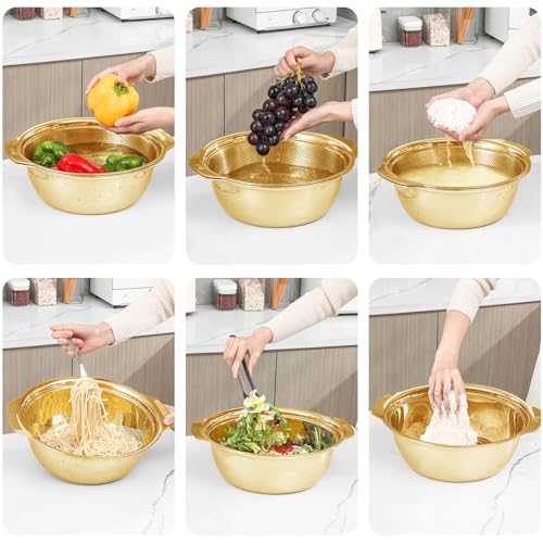 Paoli 304 Stainless Steel Fine Mesh Colander Set, 2.5QT Large Capacity Strainer with Mixing Bowl — Rinse Fruits, Veggies, Rice & Drain Pasta, Dishwasher Safe (2-Piece Gold) - color: Gold with handle, size: 2.5qt