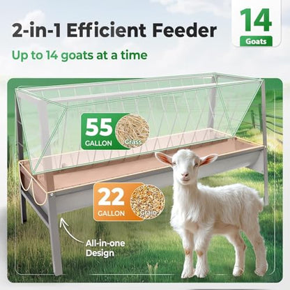 Pasture Hay Feeder 2 in 1 55 Gallon 59 in Livestock Feed Trough - color: Silvery