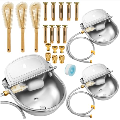 Tessco for you 3 Sets 4L/135oz Automatic Animal Water Bowl with Float Valve Stainless Steel Drinking Trough for Animals Livestock Horse Waterer Kits Includes Hose Connectors, Countersunk Bolts(Silver)