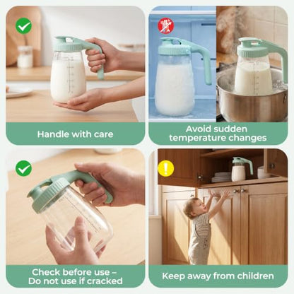 Momcozy Glass Breast Milk Pitcher with Flat and Handle Lid, 2pc, 32oz Each - color: Green, size: 32 Ounce-2 Count