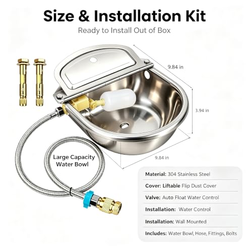 304 Stainless Steel Automatic Livestock Water Bowl, 9.84x9.84x3.94in Large Capacity Water Trough for Cows Horses Goats, Auto Float Waterer with Liftable Cover & Complete Installation Kit