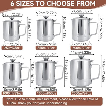 Stainless Steel Pitcher with Lid, 600ml Stainless Steel Milk Frothing Pitcher Coffee Latte Frothing Art Jug Pitcher Mug Cup for Latte Coffee Art for Office Kitchen - size: 600ML