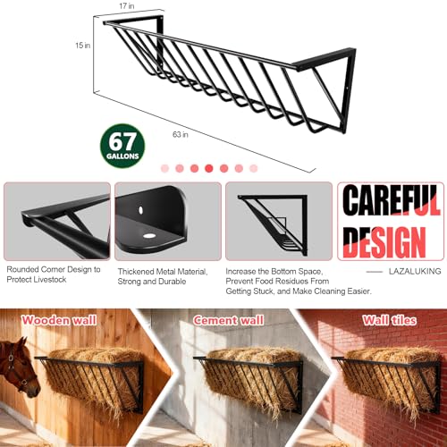 Wall Mounted Hay Feeder & Blanket Holder, 63" 67 Gal Heavy Duty Steel Hay Rack for Horse Stall, Goat Shed, Sheep Barn, Organizer for Feeding and Storage - size: 63 in
