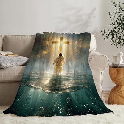 Jesus Christian Throw Blanket Jesus Walking on Water Fleece Blanket Christ Cross Religious Soft Cozy Fuzzy Plush Warm Stuff Bedding Blankets Gifts for Boys Girls Kids Adult Men Women 40"X50" - color: Jesus, size: 40"x50"