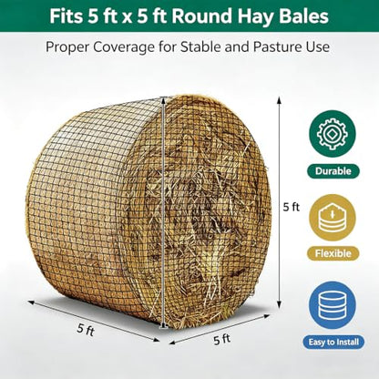 5x5 ft Round Bale Hay Net for Horses & Livestock, Knotless Slow Feeder Hay Nets with 2 Inch Holes, Fits 4x5 & 5x5 Round Bales,Includes Repair Tool - size: 5x5 FT