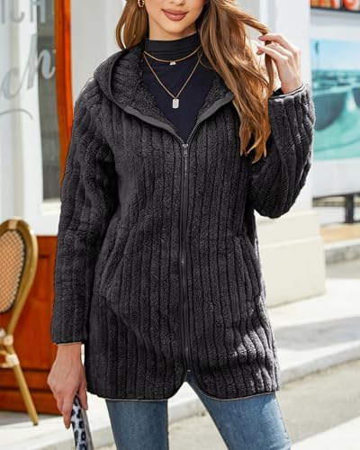 Vipwest Womens Fleece Jacket Hooded Winter Warm Full Zip Long Sleeve Sherpa Jacket Coat Outerwear with Hood (S-5XL) - color: Black Grey, size: Medium