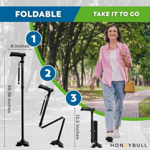 HONEYBULL Walking Cane for Men & Women, Foldable Free Standing Cane - color: Black