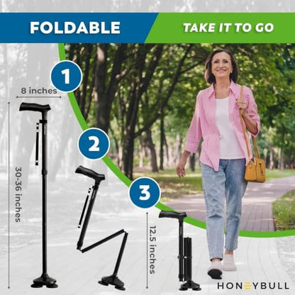 HONEYBULL Walking Cane for Men & Women, Foldable Free Standing Cane - color: Black