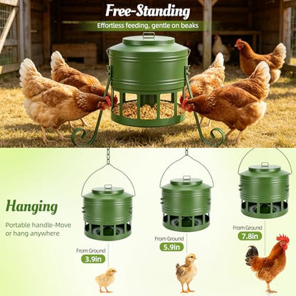 Metal Chicken Feeder, 20Lbs Large No Waste Chicken Feeder with 12 Ports, Heavy Duty Poultry Feeder with Lid & Handle, Rat Proof Rust Proof Feed Box for Chickens Ducks Geese Backyard Farm (Green) - color: Green
