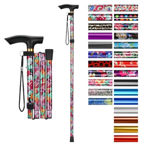 supregear Folding Cane, 5-Level Adjustable Height Walking Stick Lightweight Collapsible Portable Travel Cane with Wrist Strap and T Handle for Elderly Disabled Men Women - color: Dark Pink Floral