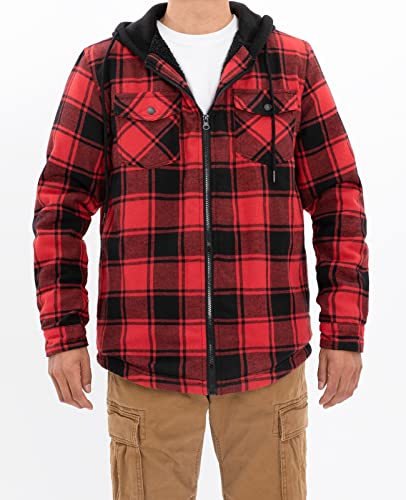 ZENTHACE Men's Sherpa Lined Full Zip Hooded Plaid Shirt Jacket - color: Red Black, size: Small