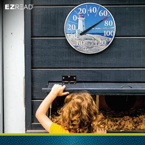 EZREAD Hanging Dial Thermometer 840-1215 Weather Thermometers for Indoor and Outdoor Use, Large 12.5 Inch Diameter, Easy to Read Numbers, Lighthouse - color: Lighthouse