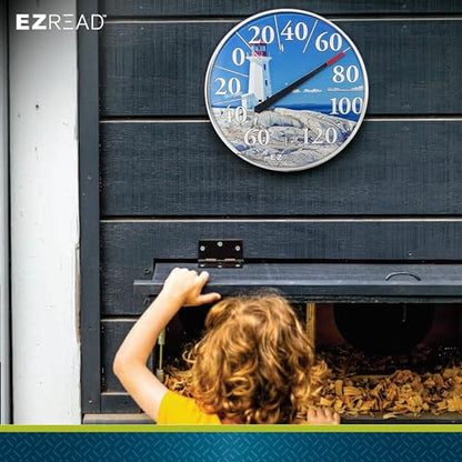EZREAD Hanging Dial Thermometer 840-1215 Weather Thermometers for Indoor and Outdoor Use, Large 12.5 Inch Diameter, Easy to Read Numbers, Lighthouse - color: Lighthouse