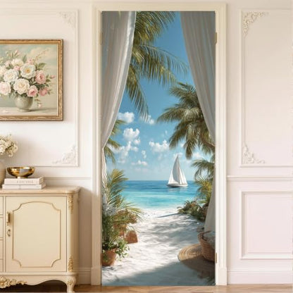 Tropical Window Curtain Beach Door Mural Peel Stick 30x79in Vinyl Decal - color: Colorful2219