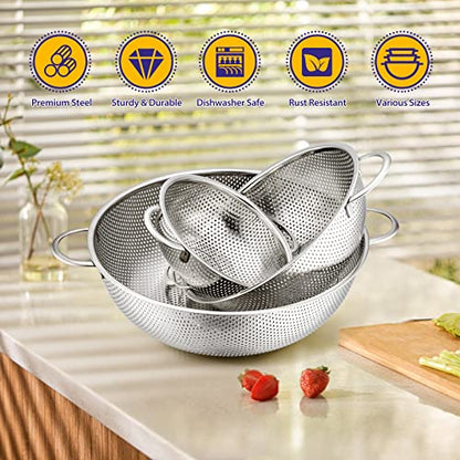 E-far Stainless Steel Colander Set of 3 (1-3-5Quart), Micro-Perforated Metal Colander Strainer with Handle for Kitchen/Draining Pasta/Rinsing Vegetables Fruits, Heavy Duty & Dishwasher Safe - size: 1 + 3 + 5 QT