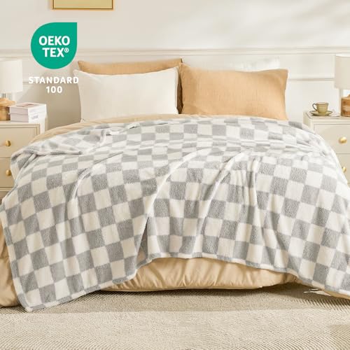 EMME Checkered Blanket Queen Size - 80"x90" Grey Knit Blanket Soft Fluffy Patterned Throw Blankets for Couch, Sofa, Chair, Bed, Camping, Picnic, Travel - color: 23-checkered Grey, size: Queen