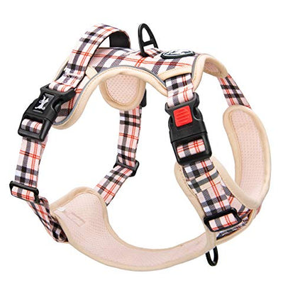 PoyPet Plaid Dog Harness Small, No Pull Vest with Front Clip & Neck Buckle - color: Checkered Beige, size: XS