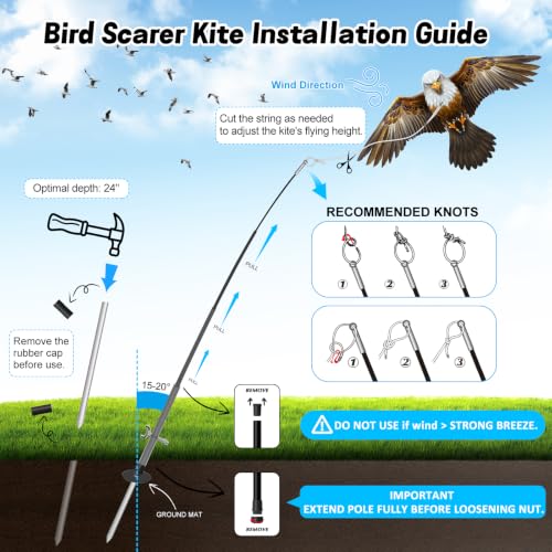 Bird Scarer Kite with 13ft Pole Bird Hawk Flying Kites-Eagle Kite | Hawk Deterrents for Farms, Patios and Docks | Keeps Birds, Geese and Seagulls Away | Covers 2150-5380 sq.ft - color: eagle kite with 4m pole