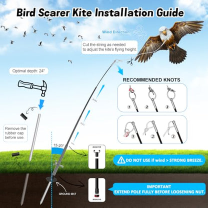 Bird Scarer Kite with 13ft Pole Bird Hawk Flying Kites-Eagle Kite | Hawk Deterrents for Farms, Patios and Docks | Keeps Birds, Geese and Seagulls Away | Covers 2150-5380 sq.ft - color: eagle kite with 4m pole