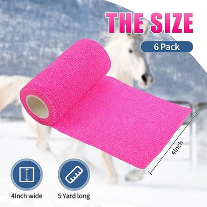 Vet Wrap - Self Adhesive Bandage Wrap Cohesive 4 Inch 5 Yards,Self Adherent Athletic Bandages for Horse Dogs Cat Pet Animals Hot Pink 6 Rolls