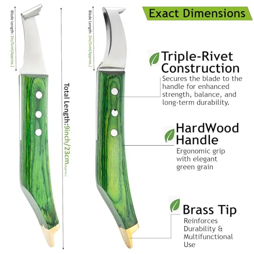 Premium Farrier Loop & Hoof Knife with Brass End – Professional Hoof Trimming Tool for Horses, Cows & Livestock, Stainless Steel Blade, Ergonomic Wood Handle (Green) - color: Green