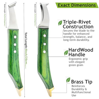 Premium Farrier Loop & Hoof Knife with Brass End – Professional Hoof Trimming Tool for Horses, Cows & Livestock, Stainless Steel Blade, Ergonomic Wood Handle (Green) - color: Green
