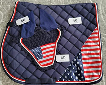 Navy Blue Horse/Full USA American Flag All Purpose English Saddle Pad with Matching Fly Bonnet Ear Net Fly Veil, Full/Horse