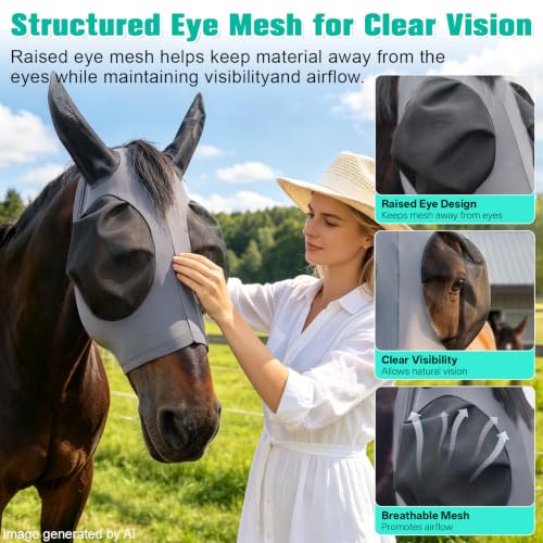 3D Stretch Mesh Horse Fly Mask with Ears (Grey, COB) - color: Grey, size: COB