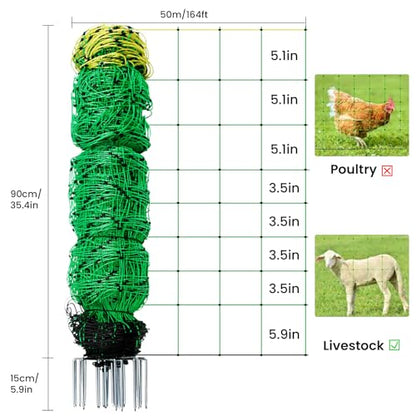 Electric Fence Netting, 164'L x 35.4"H Movable Livestock Nets for Sheep, Hogs, Cattle, PE Net Fencing Kit with 14 Posts Double Spiked, Electric Fencing for Backyards, Homesteaders, Farms Ranches - size: 164'L x 35.4" H
