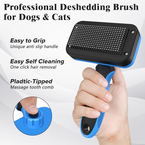 2PCS Self Cleaning Slicker Brush & Dog Comb - Skin Friendly Deshedding Grooming Tool for Dogs, Cats and Small Animals, Professional Deshedding Dematting Tool for Long and Short Haired Pets (Blue) - color: Blue