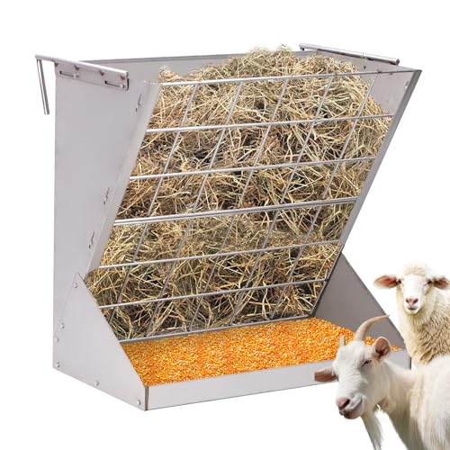 Wall Mount Hay Rack,2 in 1 Goat Hay Feeder Large Capacity 22" H Hay and Grain Feeder Livestock Feeder with Adjustable Distance and Heavy Duty Alloy Steel for Horse Goat Sheep Camel Donkey